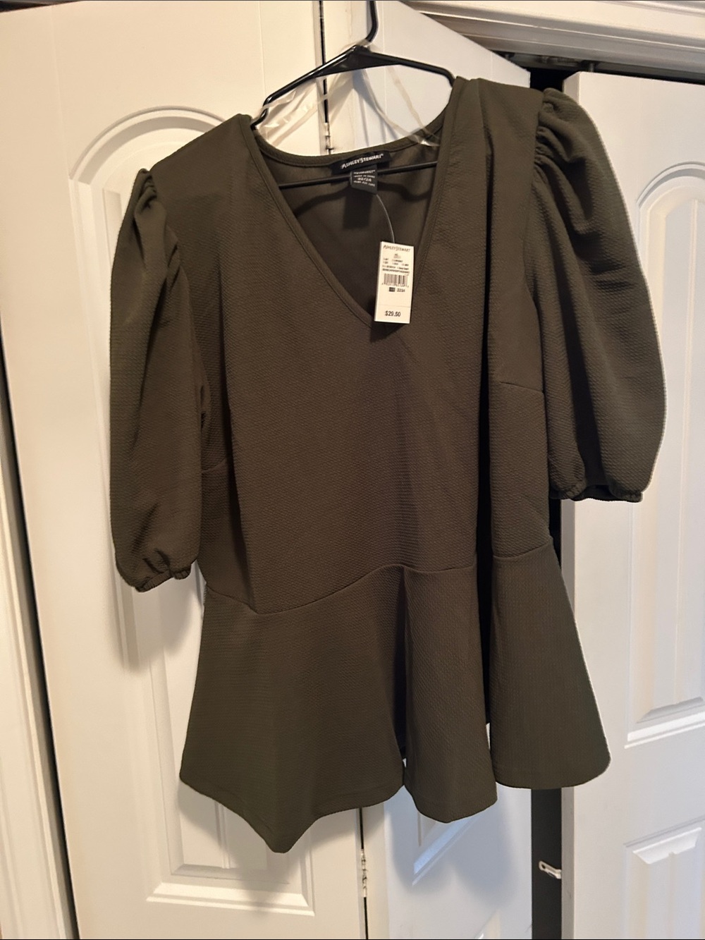 Ashley Stewart Olive Green Peplum V-Neck Puff Sleeve Top
